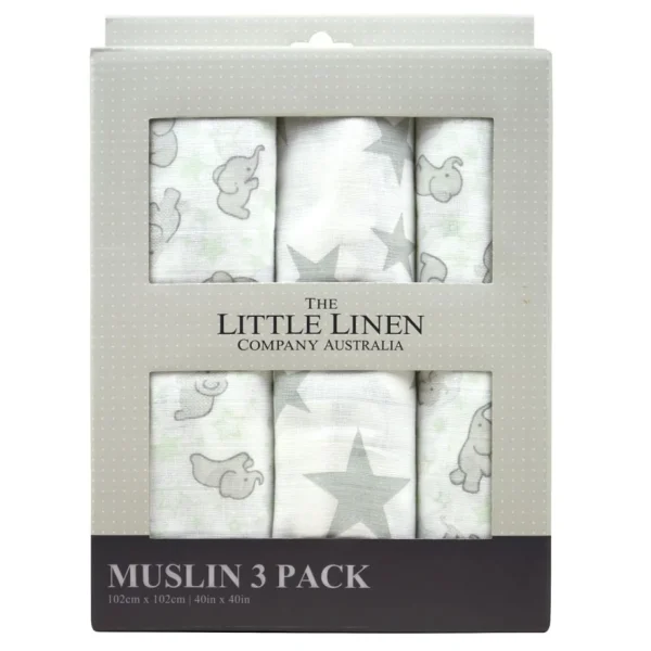 Little Linen Muslin 3Pk - Mint Elephant