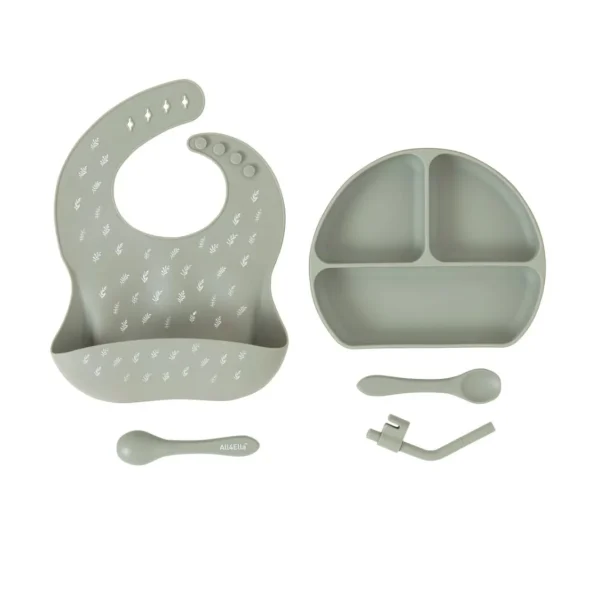 All4Ella Silicone Plate with Straw & Spoon - Olive