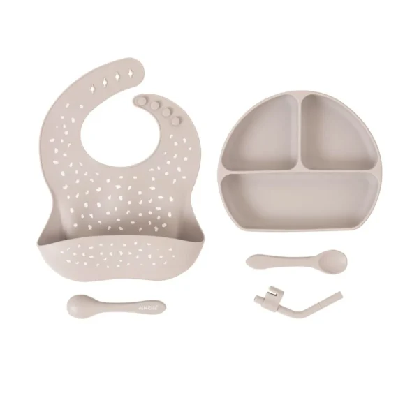 All4Ella Silicone Plate with Straw & Spoon - Stone