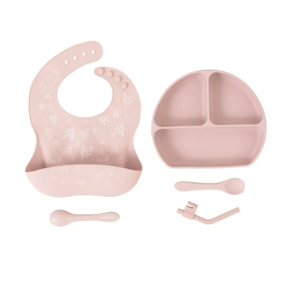 All4Ella Silicone Plate with Straw & Spoon - Dusty Pink